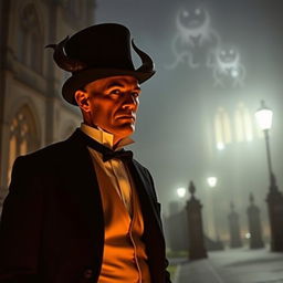 A distinguished gentleman around 35 years old, bald, wearing tails and a top hat, standing outside Oxford University at night