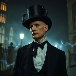 A distinguished gentleman around 35 years old, bald, wearing tails and a top hat, standing outside Oxford University at night