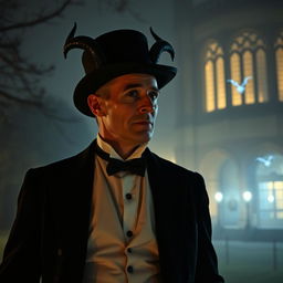 A distinguished gentleman around 35 years old, bald, wearing tails and a top hat, standing outside Oxford University at night