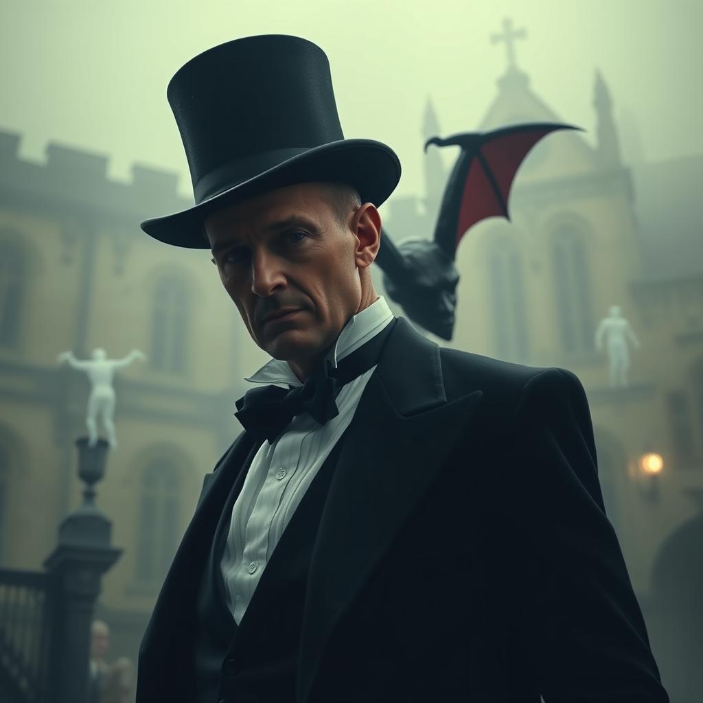 A distinguished gentleman around 35 years old, bald, wearing tails and a top hat, standing outside Oxford University at night