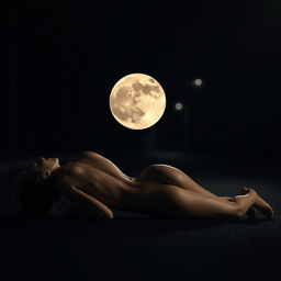 A nude woman lying on her stomach in the dark street, her back elegantly arched to cradle a beautiful full moon like in a hollow