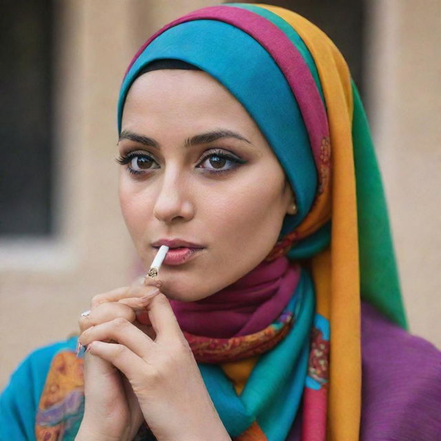 A stylish, graceful Muslim woman is seen in a quiet moment of contemplation, a cigarette delicately held in her hand. She is adorned in a colorful hijab, her face expressing peace and tranquility.