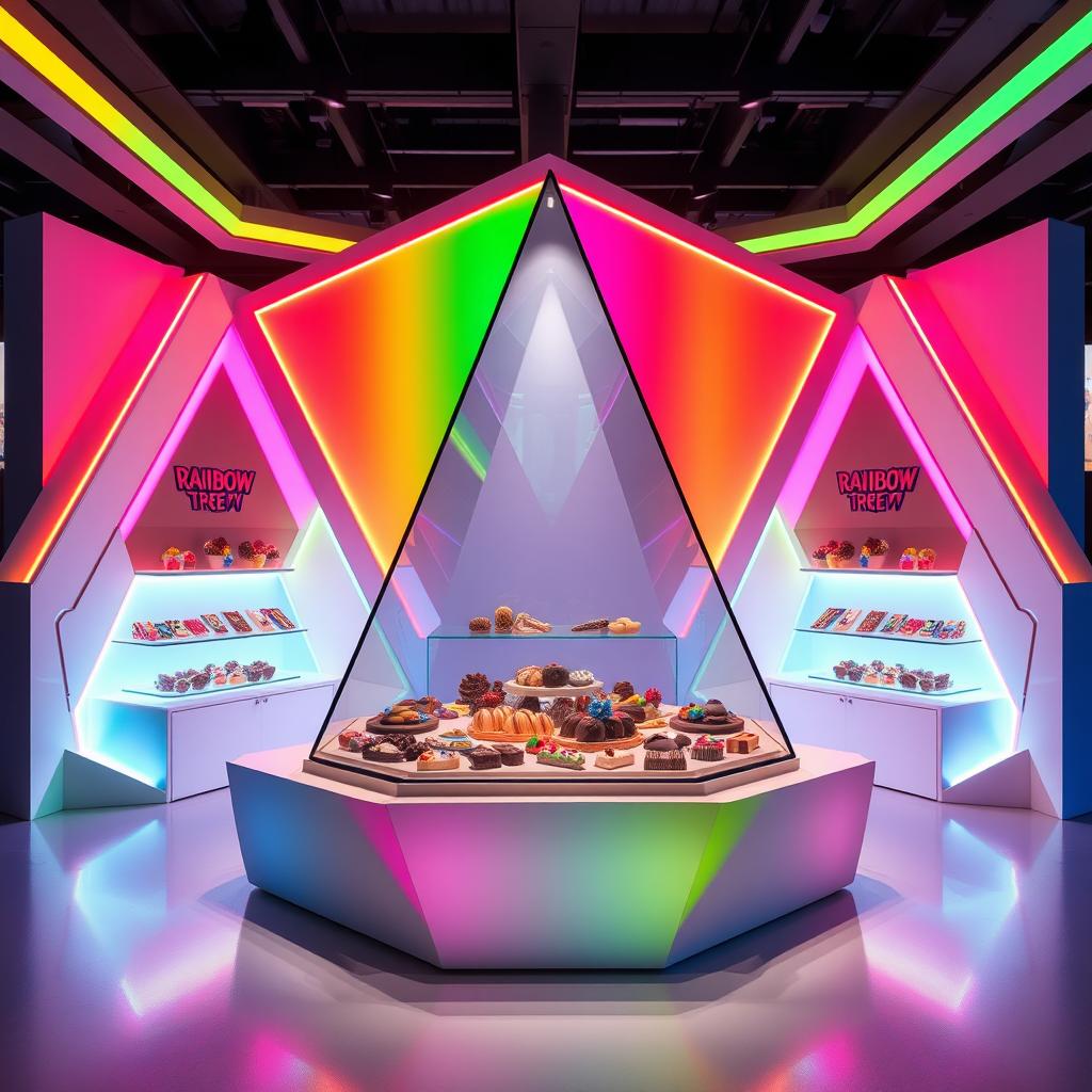 An avant-garde chocolate stand design featuring rainbow colors with a trapezoidal glass display in the center