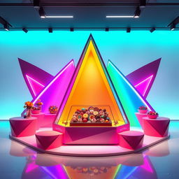 An avant-garde chocolate stand design featuring rainbow colors with a trapezoidal glass display in the center