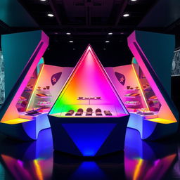 An avant-garde chocolate stand design featuring rainbow colors with a trapezoidal glass display in the center