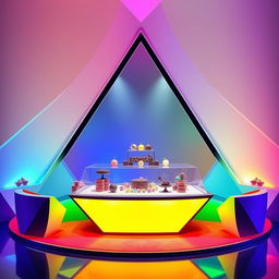 An avant-garde chocolate stand design featuring rainbow colors with a trapezoidal glass display in the center