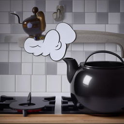 Produce a Disney animation style scene of a talking stovepot. The pot has a speech bubble expressing 'you are black' towards a polished black kettle.