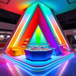 An avant-garde chocolate stand design featuring vibrant rainbow colors with a central glass display, tailored for a corner setup