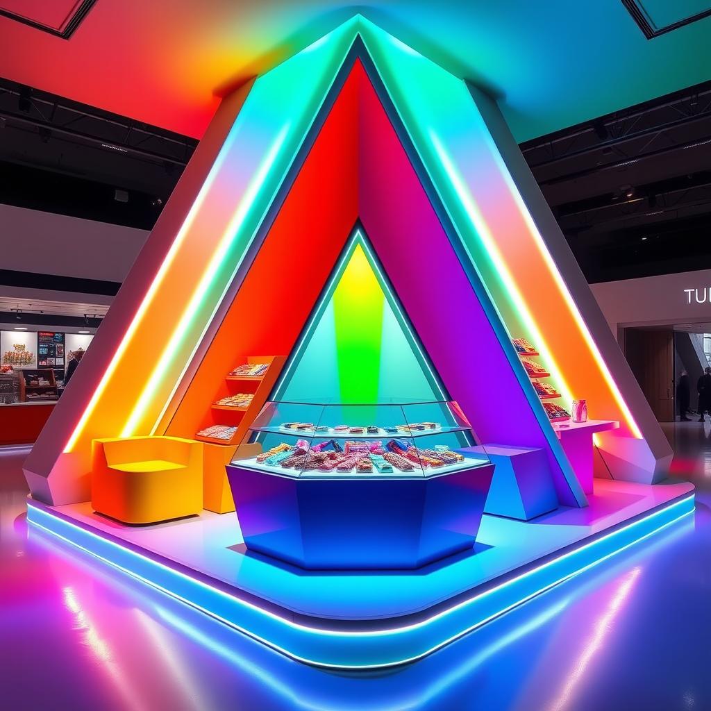 An avant-garde chocolate stand design featuring vibrant rainbow colors with a central glass display, tailored for a corner setup