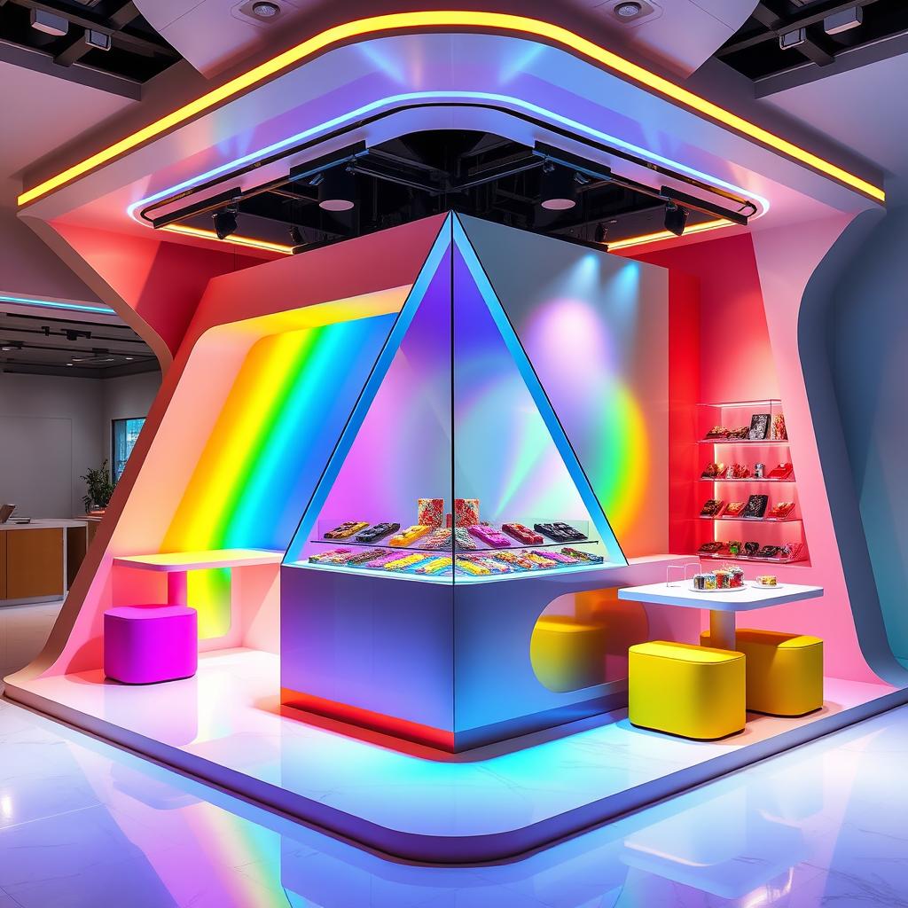 An avant-garde chocolate stand design featuring vibrant rainbow colors with a central glass display, tailored for a corner setup