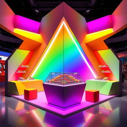 An avant-garde chocolate stand design featuring vibrant rainbow colors with a central glass display, tailored for a corner setup