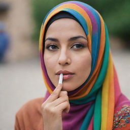 A stylish, graceful Muslim woman is seen in a quiet moment of contemplation, a cigarette delicately held in her hand. She is adorned in a colorful hijab, her face expressing peace and tranquility.