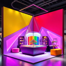 An avant-garde chocolate stand design featuring vibrant rainbow colors with a central glass display, tailored for a corner setup