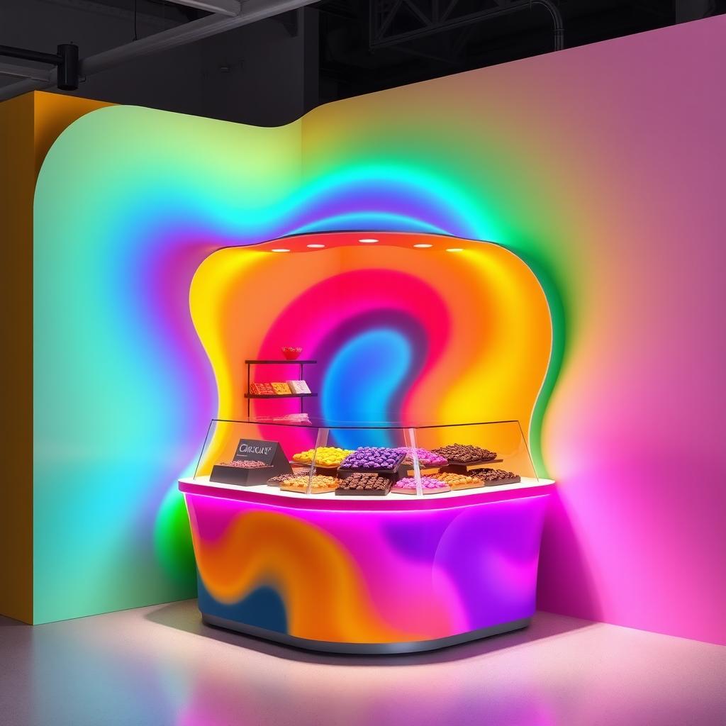 A modern chocolate stand design featuring rainbow colors with a central glass display, optimized for a corner setup