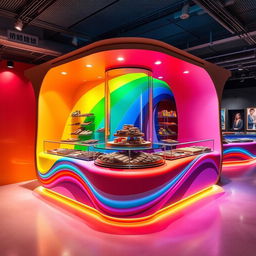 A modern chocolate stand design featuring rainbow colors with a central glass display, optimized for a corner setup