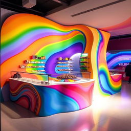 A modern chocolate stand design featuring rainbow colors with a central glass display, optimized for a corner setup