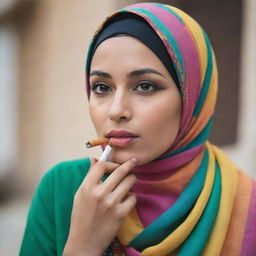 A stylish, graceful Muslim woman is seen in a quiet moment of contemplation, a cigarette delicately held in her hand. She is adorned in a colorful hijab, her face expressing peace and tranquility.