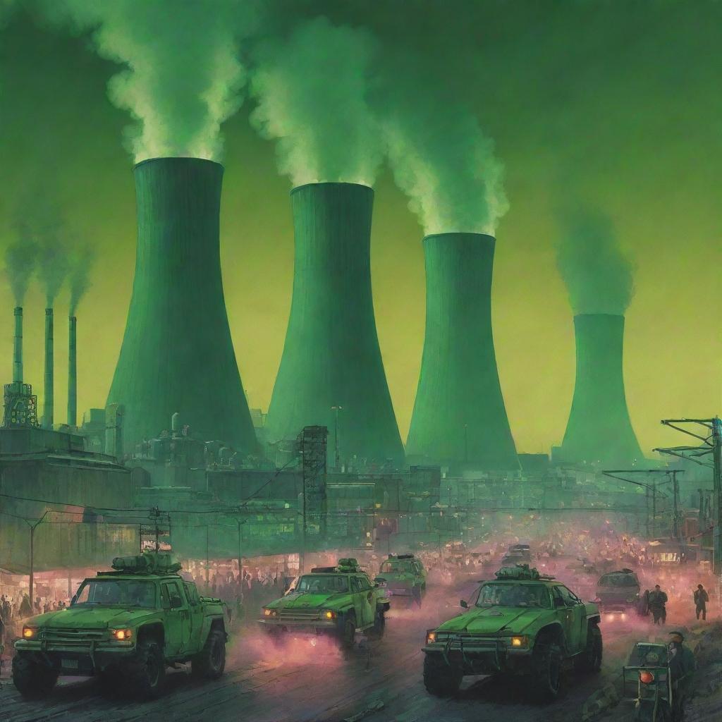 A nuclearpunk city teeming with activity. Smoke billows from gargantuan cooling towers, colossal nuclear reactors dominate the skyline, clusters of Geiger counters buzz faintly, and citizens in radiation-safe suits move briskly amidst armored vehicles. The city glows softly with a radioactive luminescence under a neon-green sky.