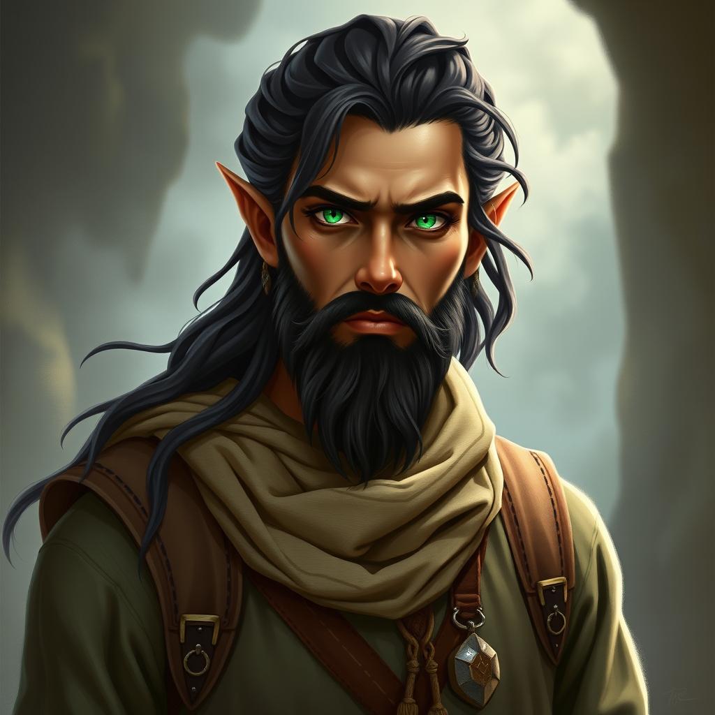 A high elf man with striking olive skin, dark flowing hair, and a well-groomed beard