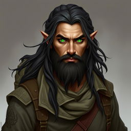 A high elf man with striking olive skin, dark flowing hair, and a well-groomed beard