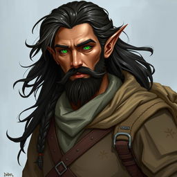 A high elf man with striking olive skin, dark flowing hair, and a well-groomed beard