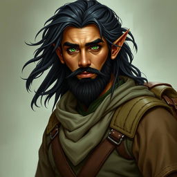 A high elf man with striking olive skin, dark flowing hair, and a well-groomed beard