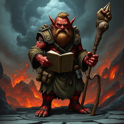 A modern D&D tall hobgoblin with striking red skin and a well-trimmed beard, embodying both strength and style