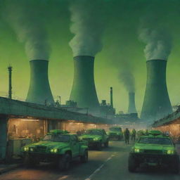 A nuclearpunk city teeming with activity. Smoke billows from gargantuan cooling towers, colossal nuclear reactors dominate the skyline, clusters of Geiger counters buzz faintly, and citizens in radiation-safe suits move briskly amidst armored vehicles. The city glows softly with a radioactive luminescence under a neon-green sky.