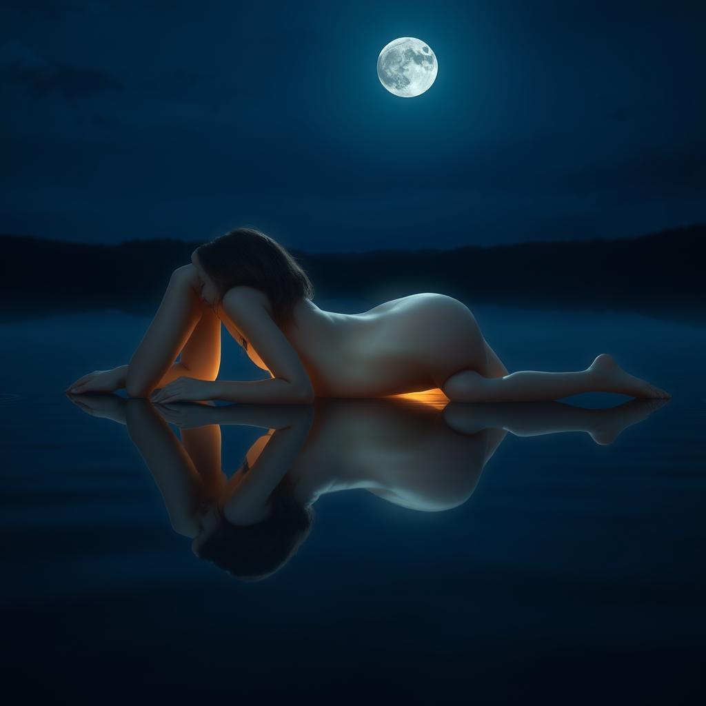 A European girl lying on her stomach at night, her body illuminated by moonlight that creates a beautiful, full moon appearance in the hollow of her arched back