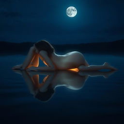 A European girl lying on her stomach at night, her body illuminated by moonlight that creates a beautiful, full moon appearance in the hollow of her arched back