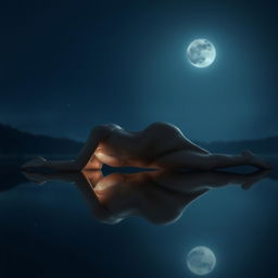 A European girl lying on her stomach at night, her body illuminated by moonlight that creates a beautiful, full moon appearance in the hollow of her arched back