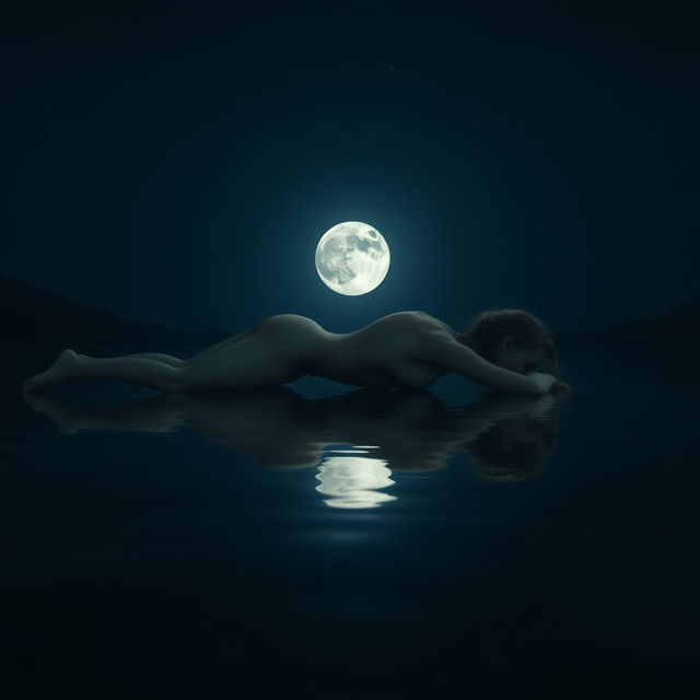 A European girl lying on her stomach at night, her body illuminated by moonlight that creates a beautiful, full moon appearance in the hollow of her arched back