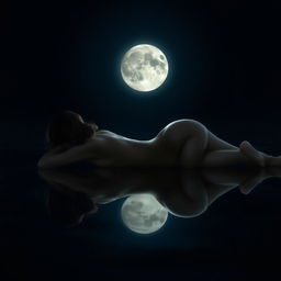 A European girl lying on her stomach at night, her body illuminated by moonlight that creates a beautiful, full moon appearance in the hollow of her arched back