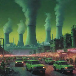 A nuclearpunk city teeming with activity. Smoke billows from gargantuan cooling towers, colossal nuclear reactors dominate the skyline, clusters of Geiger counters buzz faintly, and citizens in radiation-safe suits move briskly amidst armored vehicles. The city glows softly with a radioactive luminescence under a neon-green sky.