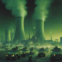 A nuclearpunk city teeming with activity. Smoke billows from gargantuan cooling towers, colossal nuclear reactors dominate the skyline, clusters of Geiger counters buzz faintly, and citizens in radiation-safe suits move briskly amidst armored vehicles. The city glows softly with a radioactive luminescence under a neon-green sky.