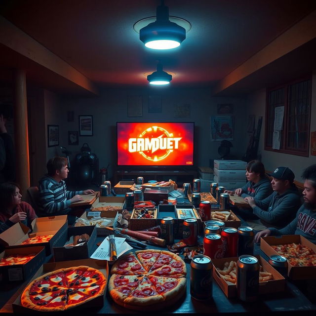 A sacred Friday night scene in a dimly lit basement, focused on pizza, soda, and an epic gaming marathon