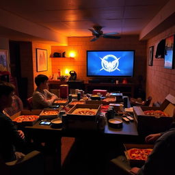 A sacred Friday night scene in a dimly lit basement, focused on pizza, soda, and an epic gaming marathon