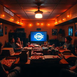 A sacred Friday night scene in a dimly lit basement, focused on pizza, soda, and an epic gaming marathon