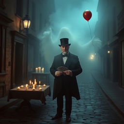 A dimly lit, cobblestone street in the old town of Oxford with an eerie and suspenseful atmosphere