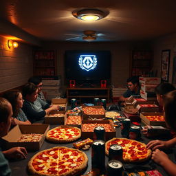 A sacred Friday night scene in a dimly lit basement focused on pizza, soda, and an epic gaming marathon