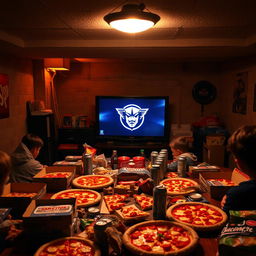 A sacred Friday night scene in a dimly lit basement focused on pizza, soda, and an epic gaming marathon