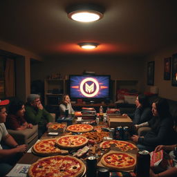 A sacred Friday night scene in a dimly lit basement focused on pizza, soda, and an epic gaming marathon