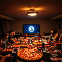 A sacred Friday night scene in a dimly lit basement focused on pizza, soda, and an epic gaming marathon