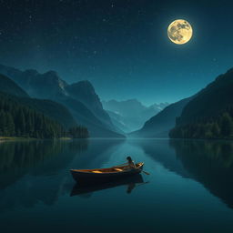 A serene night scene featuring a tranquil lake surrounded by lush forests and majestic mountains