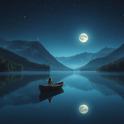 A serene night scene featuring a tranquil lake surrounded by lush forests and majestic mountains