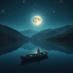 A serene night scene featuring a tranquil lake surrounded by lush forests and majestic mountains