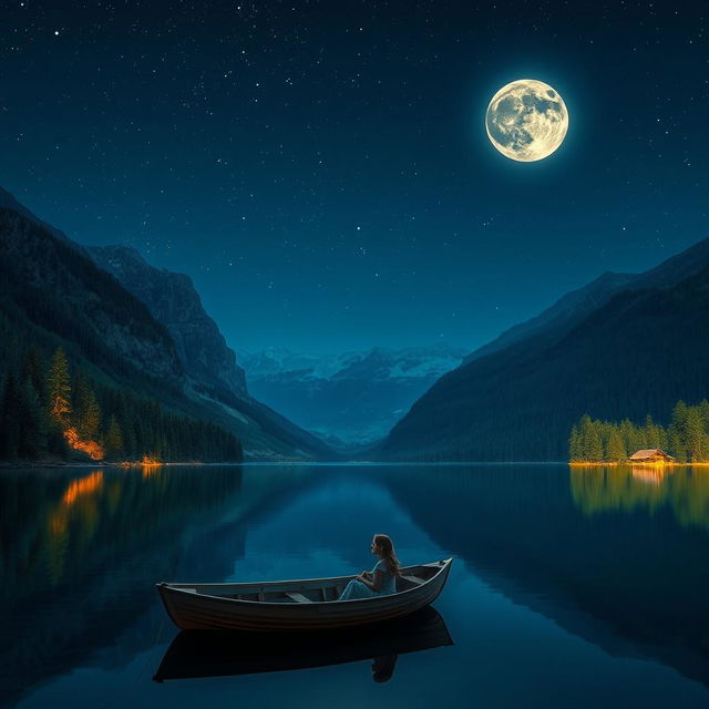 A serene night scene featuring a tranquil lake surrounded by lush forests and majestic mountains