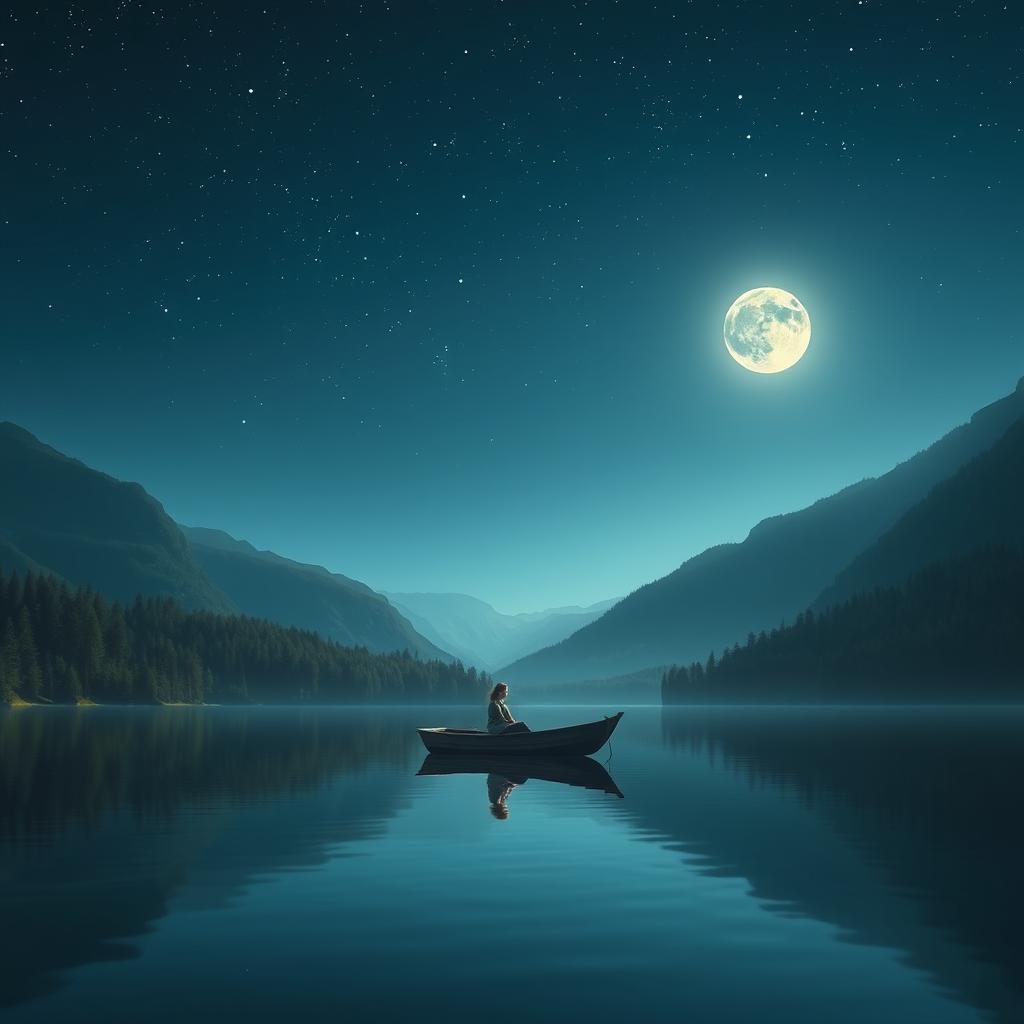 A serene night scene featuring a tranquil lake surrounded by lush forests and majestic mountains