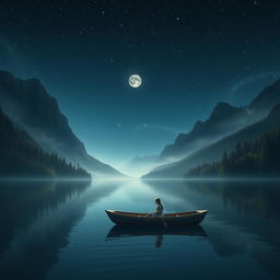 A serene night scene featuring a tranquil lake surrounded by lush forests and majestic mountains