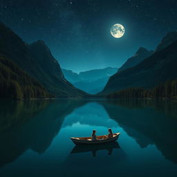 A serene night scene featuring a tranquil lake surrounded by lush forests and majestic mountains